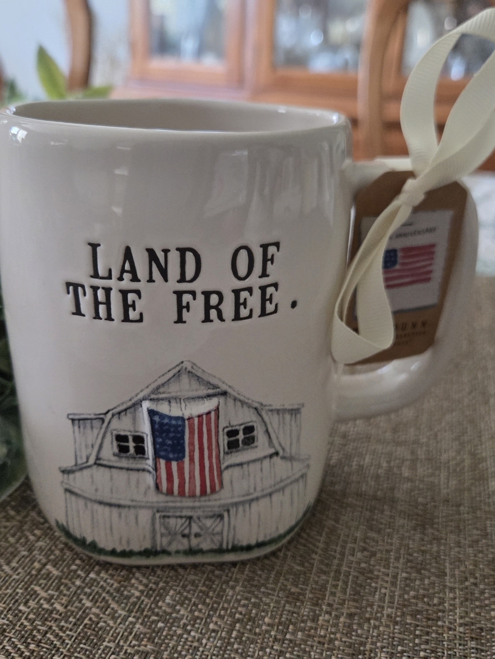 Rae Dunn White Ceramic Mug with Barn & Flag Artwork - Picture 2 of 4